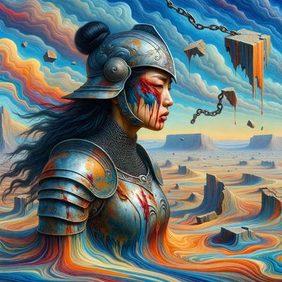 The primary subject of the image is a woman wearing a metal suit and a helmet. She is standing in a desert-like environment, with a chain hanging from her neck. The setting is a combination of a painting and a digital artwork, creating a visually striking scene. The colors in the image are predominantly orange and blue, giving the scene a warm and vibrant atmosphere.